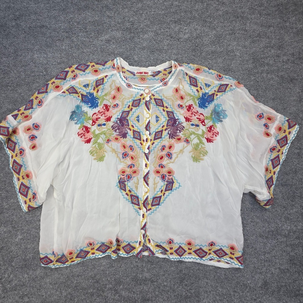Johnny Was Black Cupra Rayon Embroidery Top SZ L White Boho Floral Geometric